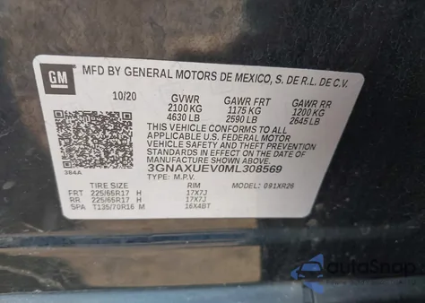 2021 Chevrolet Equinox Awd Lt z USA, uszkodzony, nr VIN 3GNAXUEV0ML308569